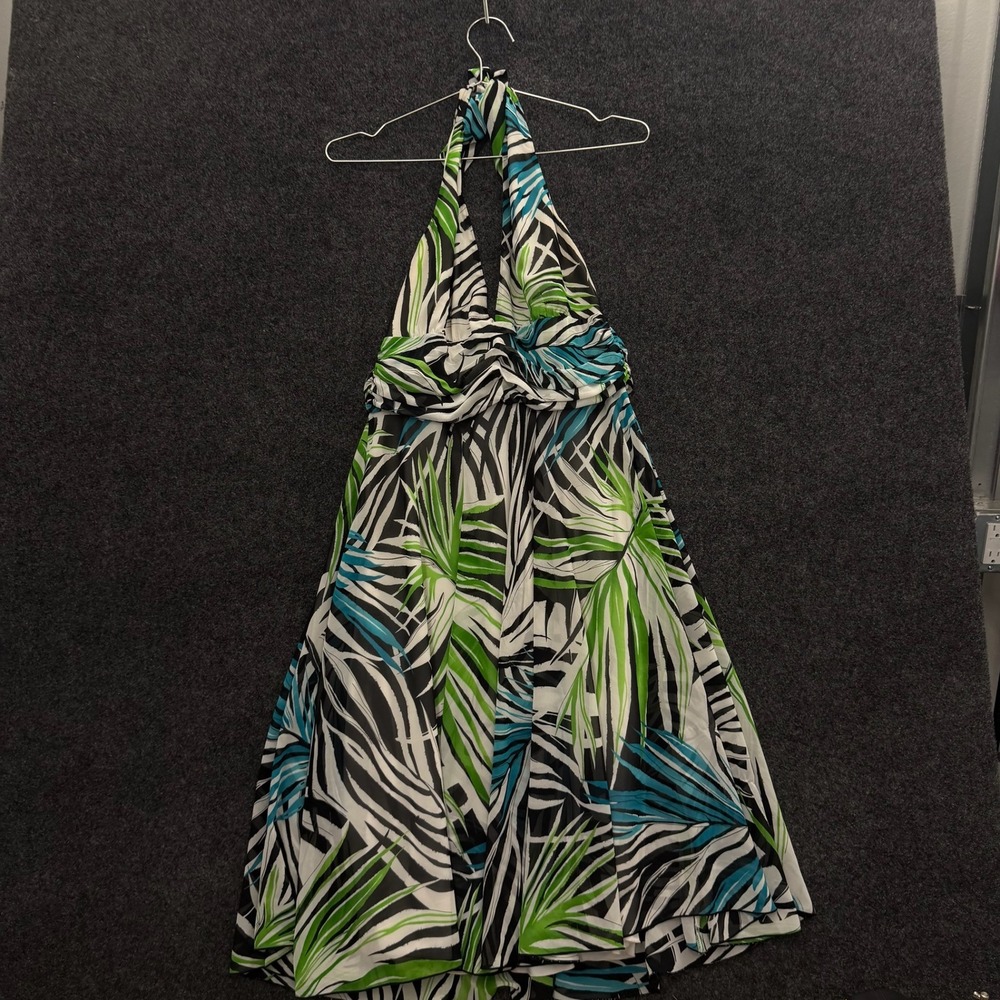 Vintage Esprit Collection Tropical Palm Leaf Halter Dress Green Blue Size 10